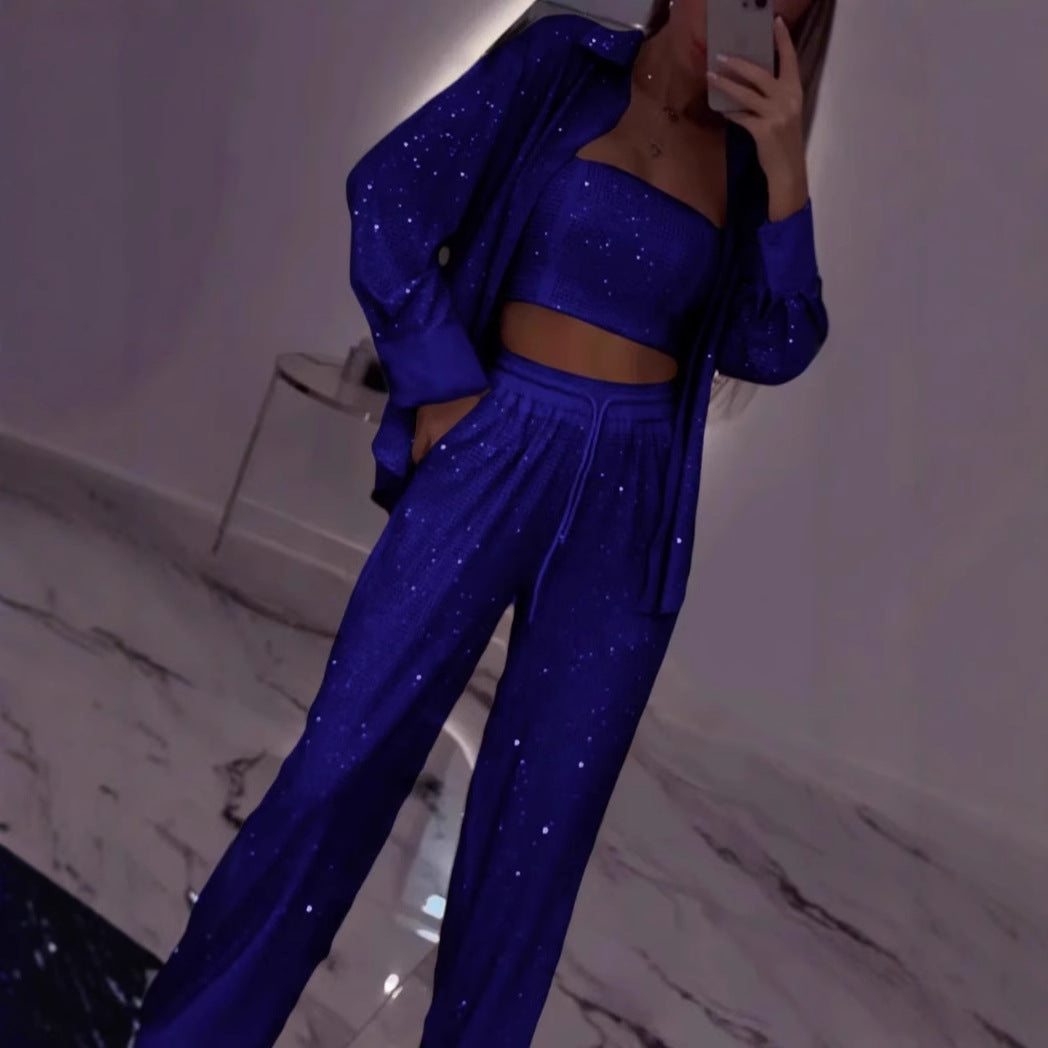 💕2025 HEISSER VERKAUF💐Paillettenblazer und weite Hose für Damen (3-teiliges Set)