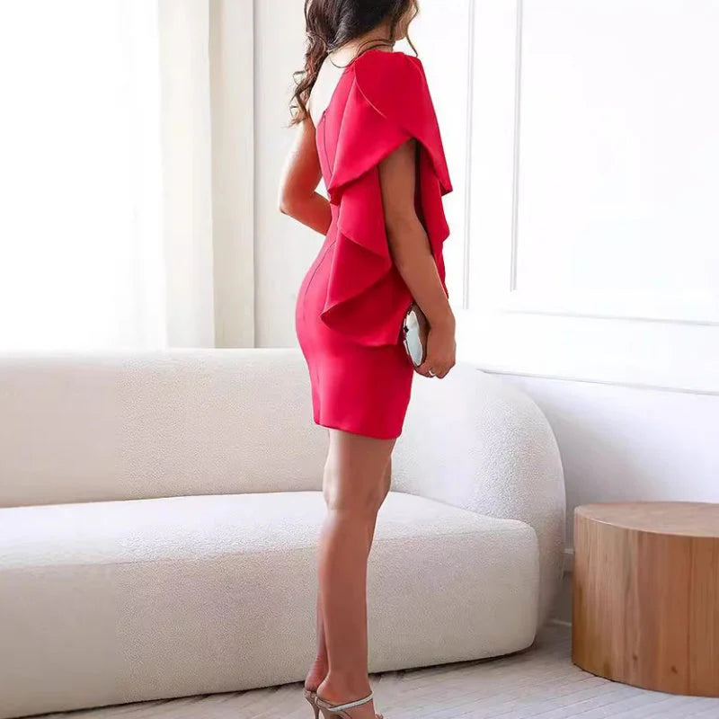 Damen One Shoulder Ruffle Sleeve Cocktailkleid