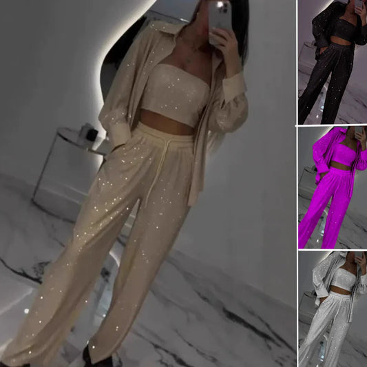 💕2025 HEISSER VERKAUF💐Paillettenblazer und weite Hose für Damen (3-teiliges Set)