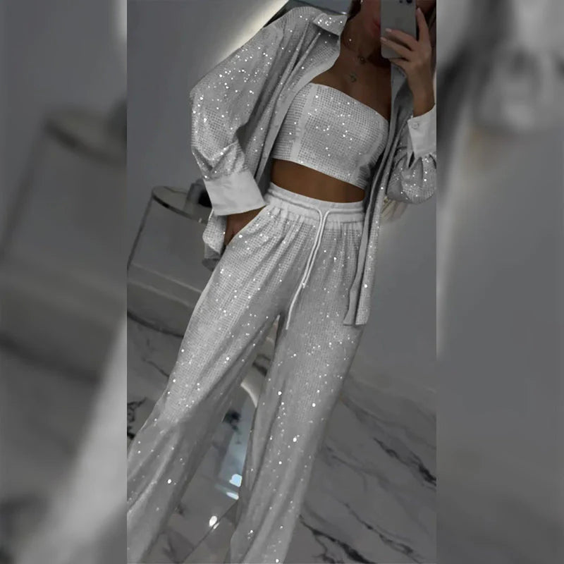 💕2025 HEISSER VERKAUF💐Paillettenblazer und weite Hose für Damen (3-teiliges Set)