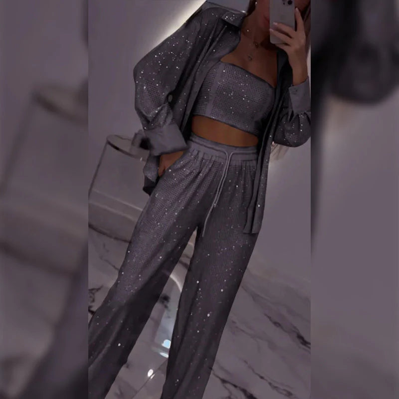 💕2025 HEISSER VERKAUF💐Paillettenblazer und weite Hose für Damen (3-teiliges Set)