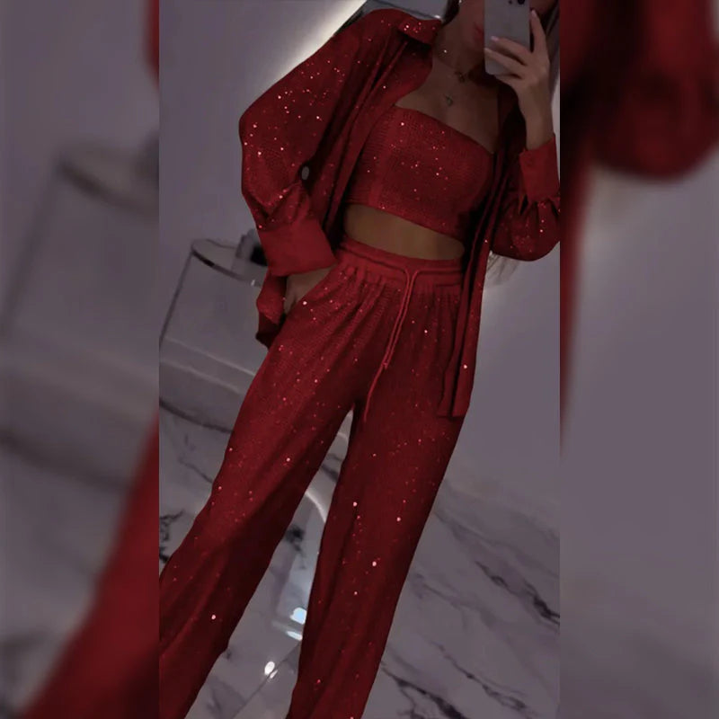 💕2025 HEISSER VERKAUF💐Paillettenblazer und weite Hose für Damen (3-teiliges Set)